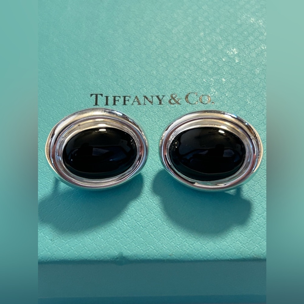 Tiffany & Co 1985 Paloma Picasso Oval Clip On Earrings Black Onyx Sterling 925